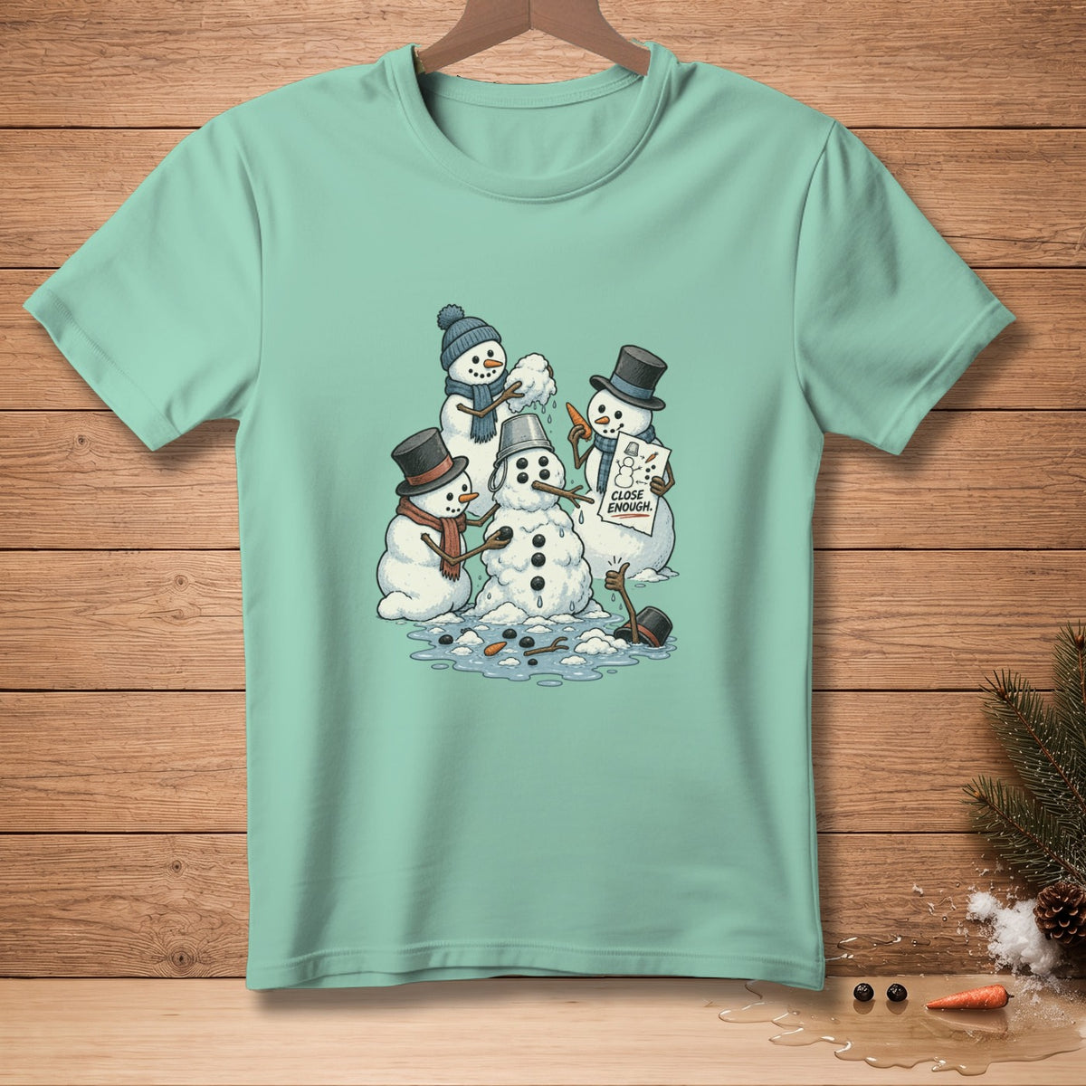 Four snowmen are built, one with a sign that says "Close Enough."