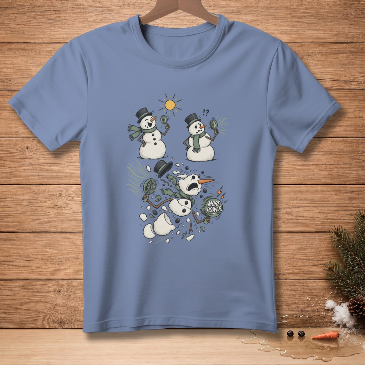 Cartoon snowmen melt and explode under a sun, one with "More Power!"