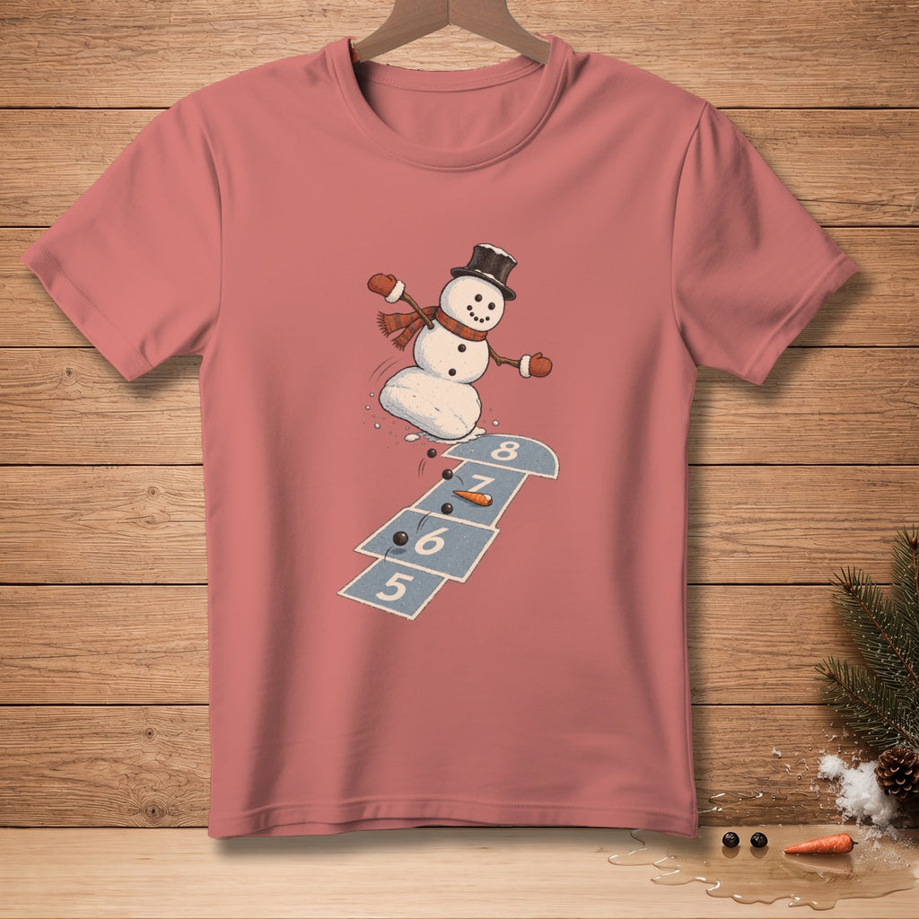 Snowman playing hopscotch on a pink t-shirt.