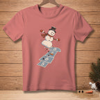 Snowman playing hopscotch on a pink t-shirt.