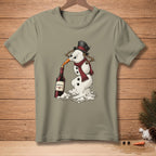 Snowman in a top hat and scarf drinking wine from a bottle labeled "Improvise."
