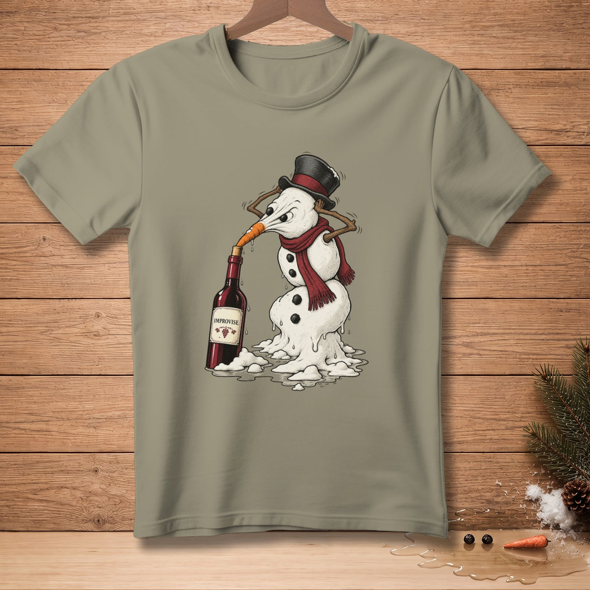 Snowman in a top hat and scarf drinking wine from a bottle labeled "Improvise."