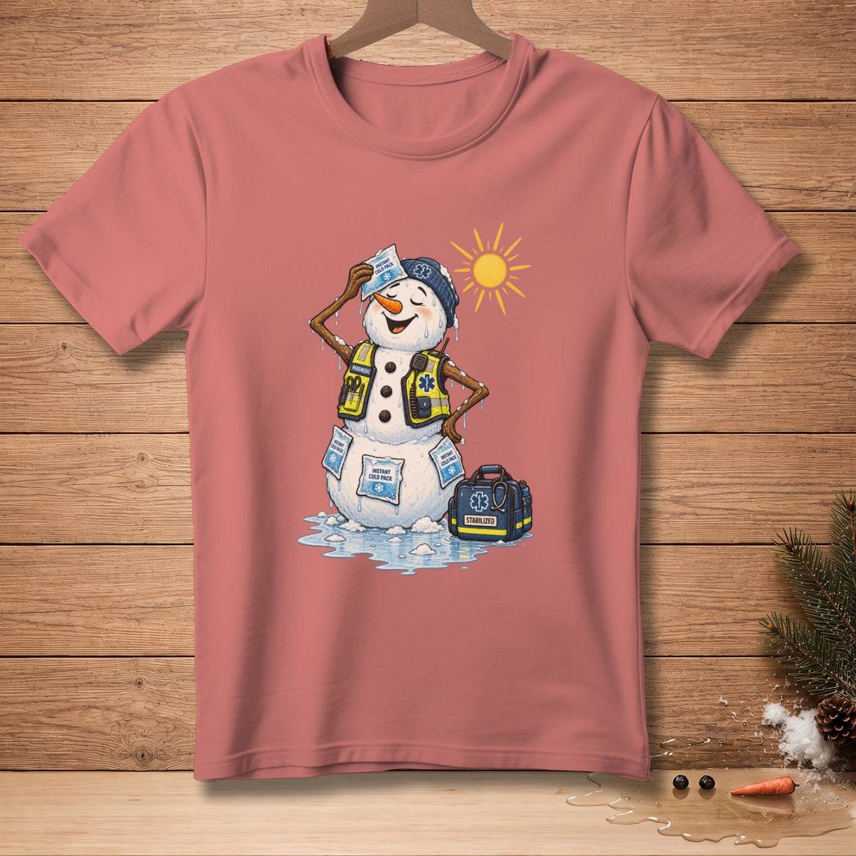 Melting snowman wearing paramedic vest, applying cold packs with sun and medical bag.