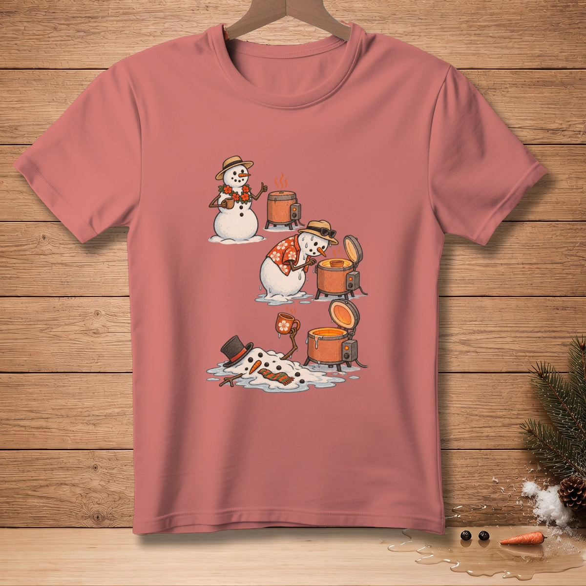 T-shirt graphic of snowmen melting near hot pots with a tropical theme.