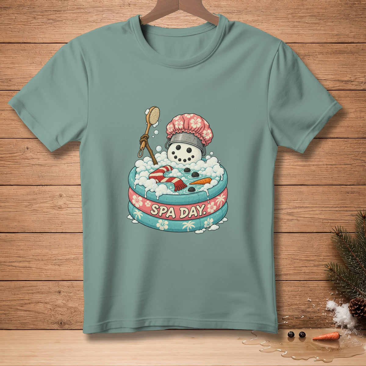 Snowman in a spa bath with "SPA DAY" text on the inflatable.
