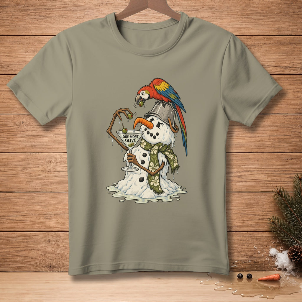 Melting snowman with a parrot, martini glass, and text "ONE MORE OLIVE".