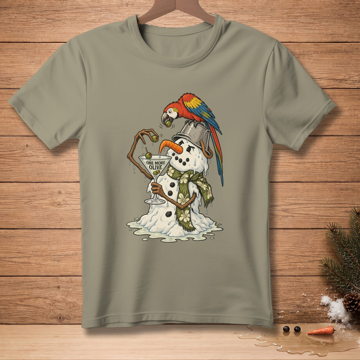 Melting snowman with a parrot, martini glass, and text "ONE MORE OLIVE".