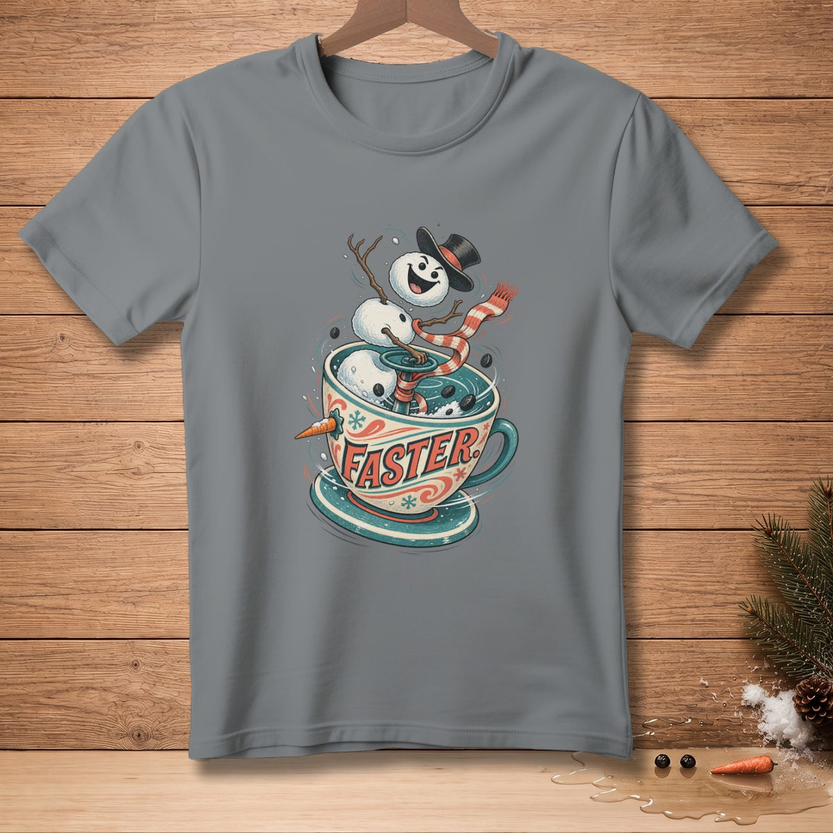 Gray t-shirt with a festive snowman in a coffee cup graphic that reads "FASTER".