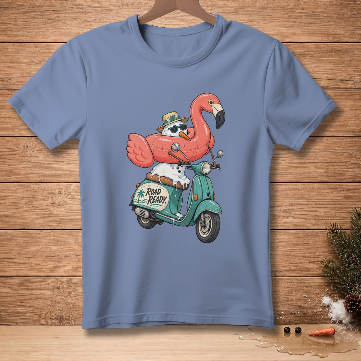 Snowman in flamingo float riding a scooter with "Road Ready" text.