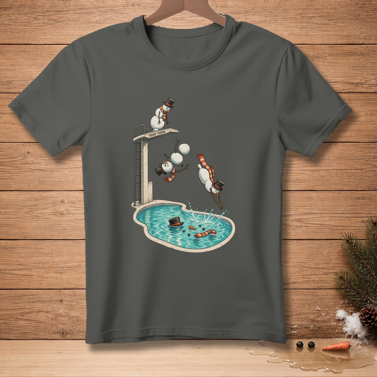 Snowmen diving into a pool, with text "YOUR TURN" on the diving board.