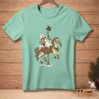 Snowman riding carousel horse with carrot, text reads "ONE MORE RIDE."