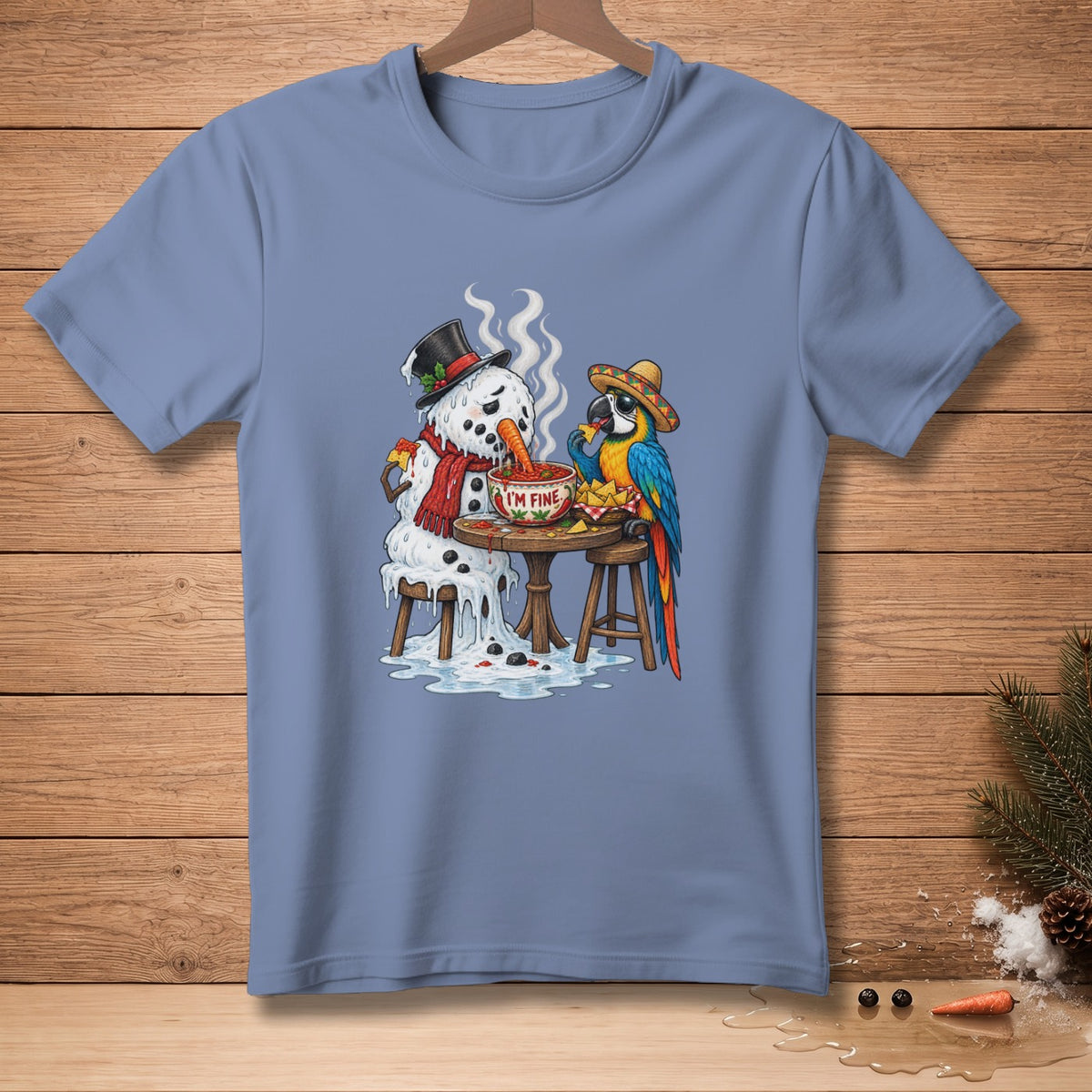 Melting snowman and parrot eat chips and salsa with "I'm Fine" bowl.