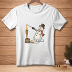 Melting snowman with marshmallow on stick in front of a torch with the word PATIENCE on a bucket.