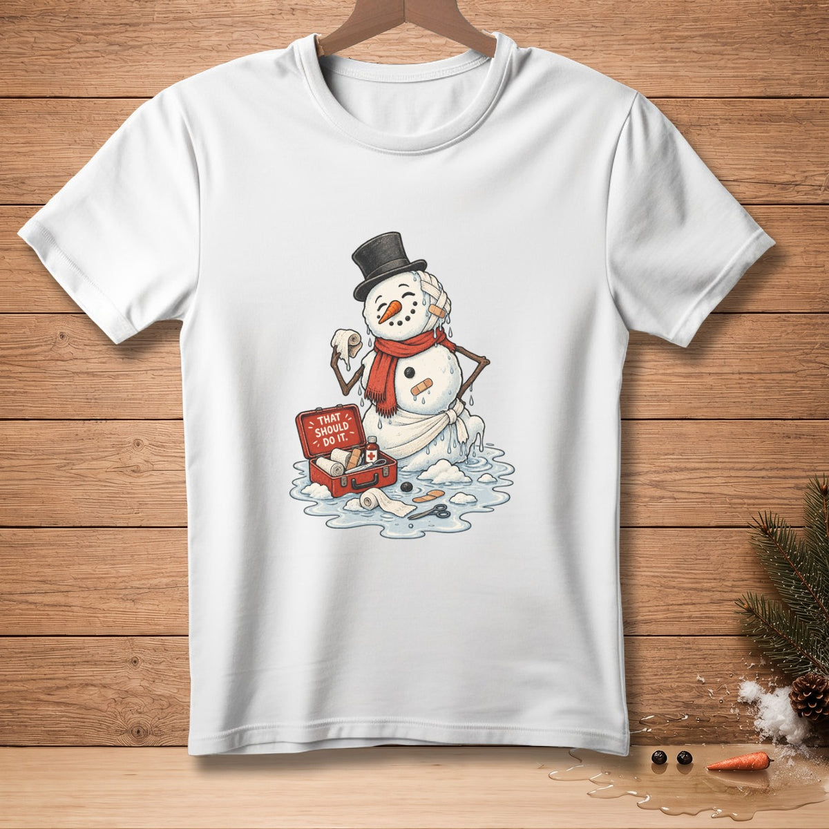 White t-shirt with melting snowman applying bandages from first-aid kit.