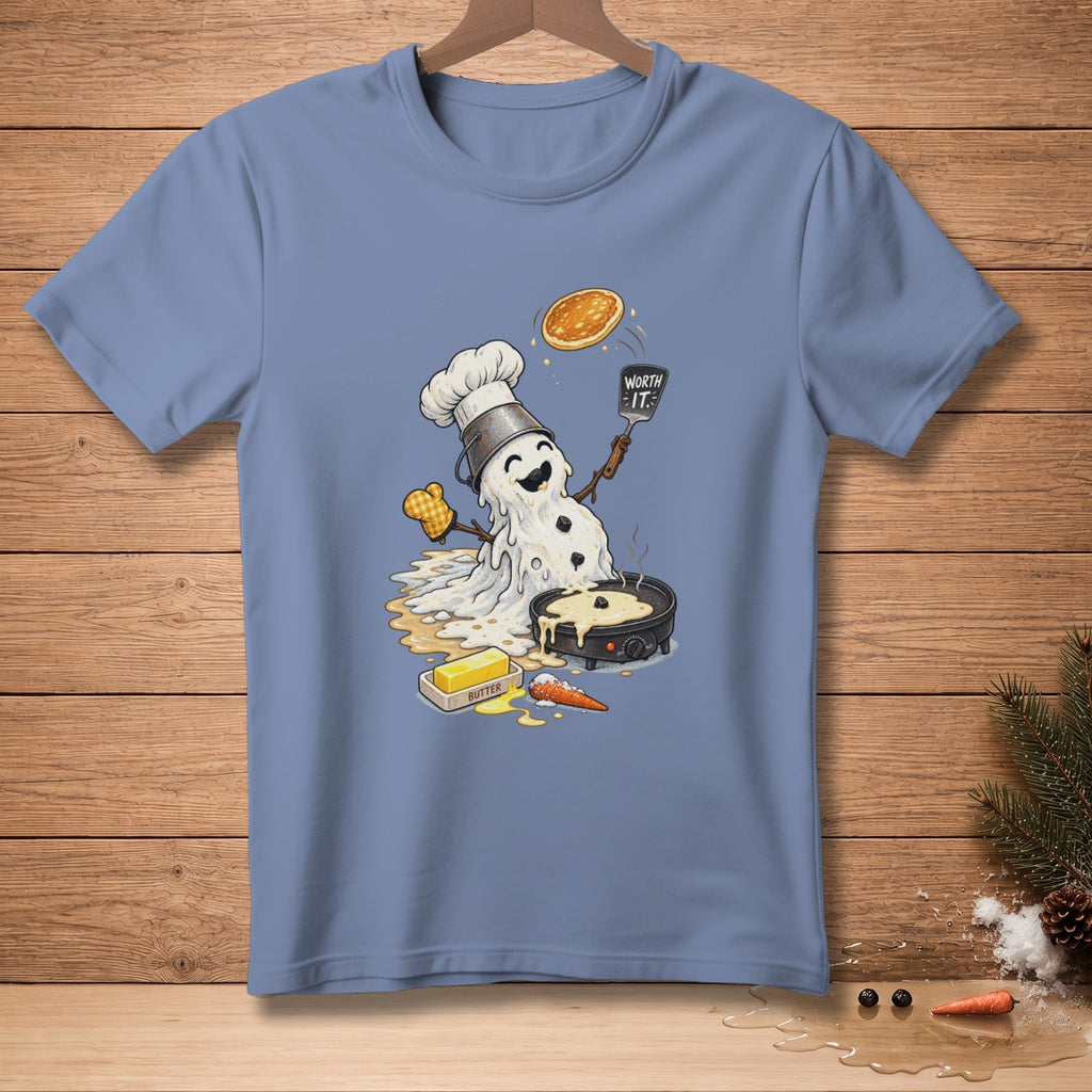 Melting snowman chef flipping pancake with "Worth It" spatula.