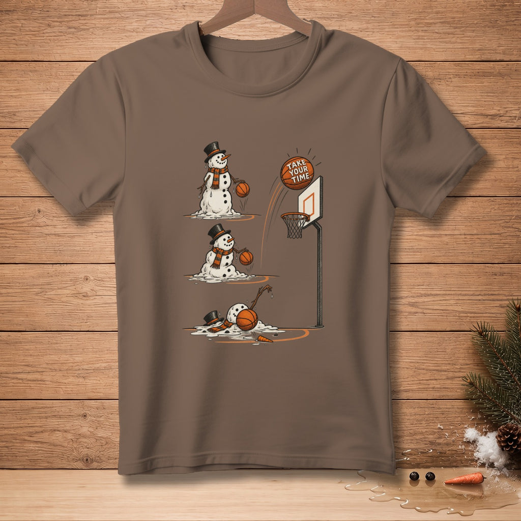 Melting snowmen playing basketball and a basketball with text "Take Your Time".
