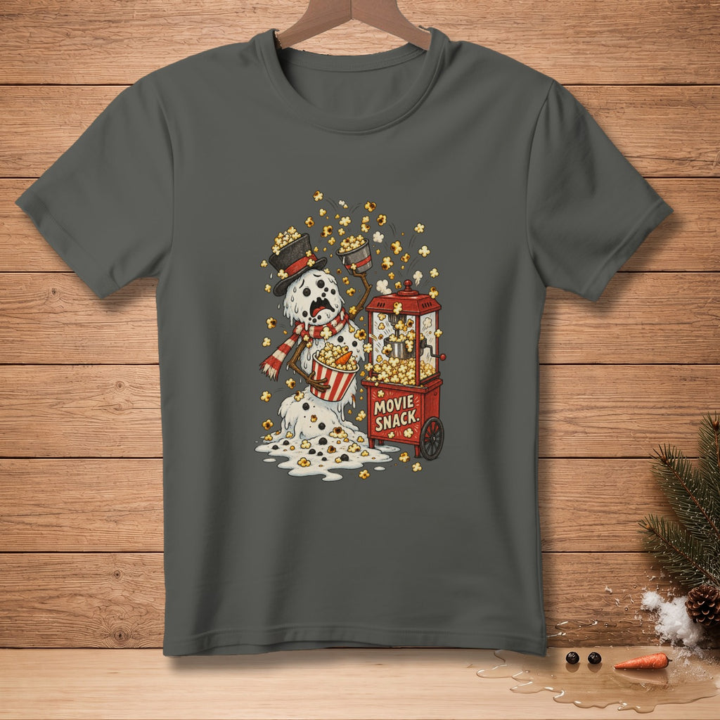 Melting snowman wearing hat and scarf covered in popcorn next to popcorn cart.