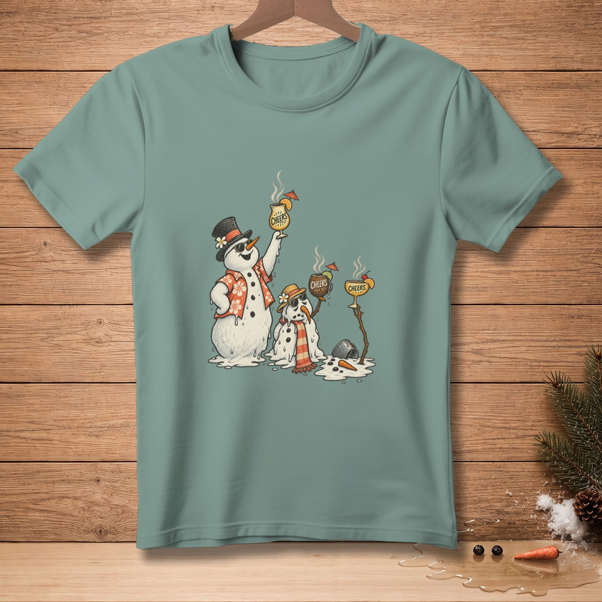 Three melting snowmen in Hawaiian shirts and hats hold "Cheers" drinks.