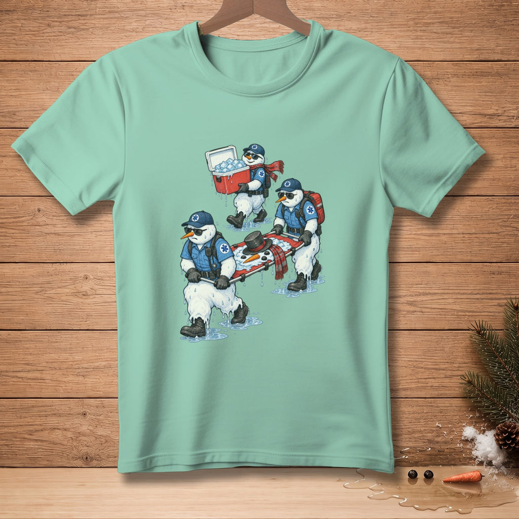 Three snowmen in medical vests carry a melting snowman on a stretcher.
