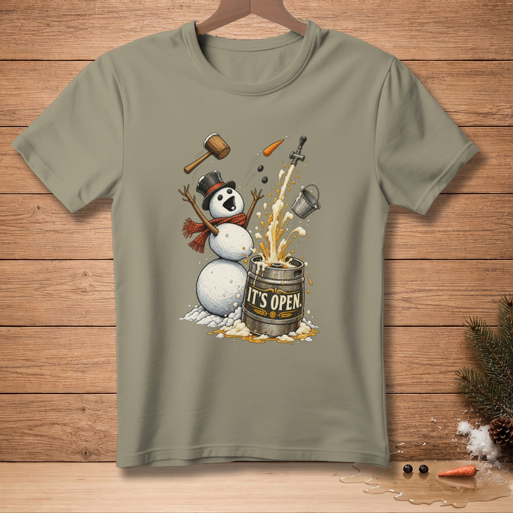 Snowman with top hat and scarf pouring beer from keg labeled "IT'S OPEN".