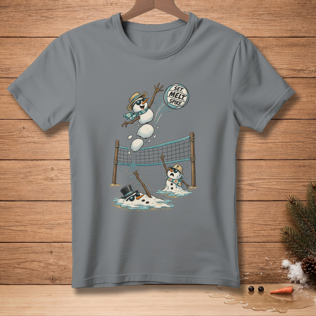 Snowmen playing volleyball with "Set. Melt. Spike." text on the ball.