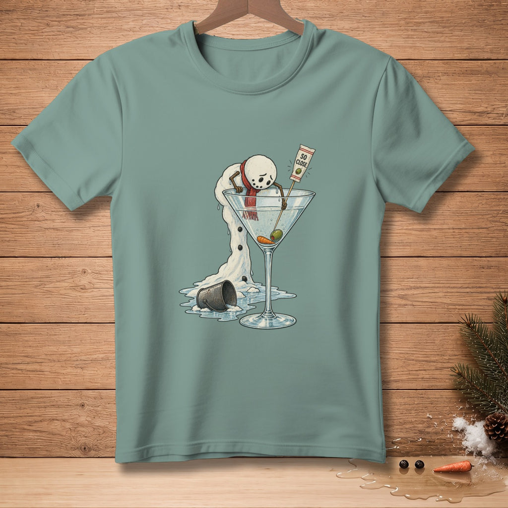 Melting snowman reaching for olives in a martini glass, with "So Close" label.