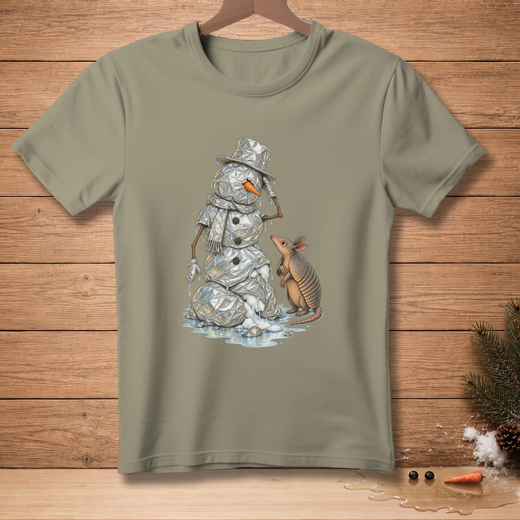 Melting snowman with geometric texture and armadillo on a light brown t-shirt.
