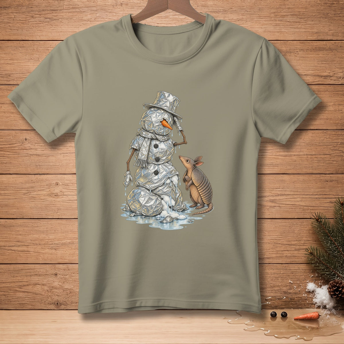 Melting snowman with geometric texture and armadillo on a light brown t-shirt.