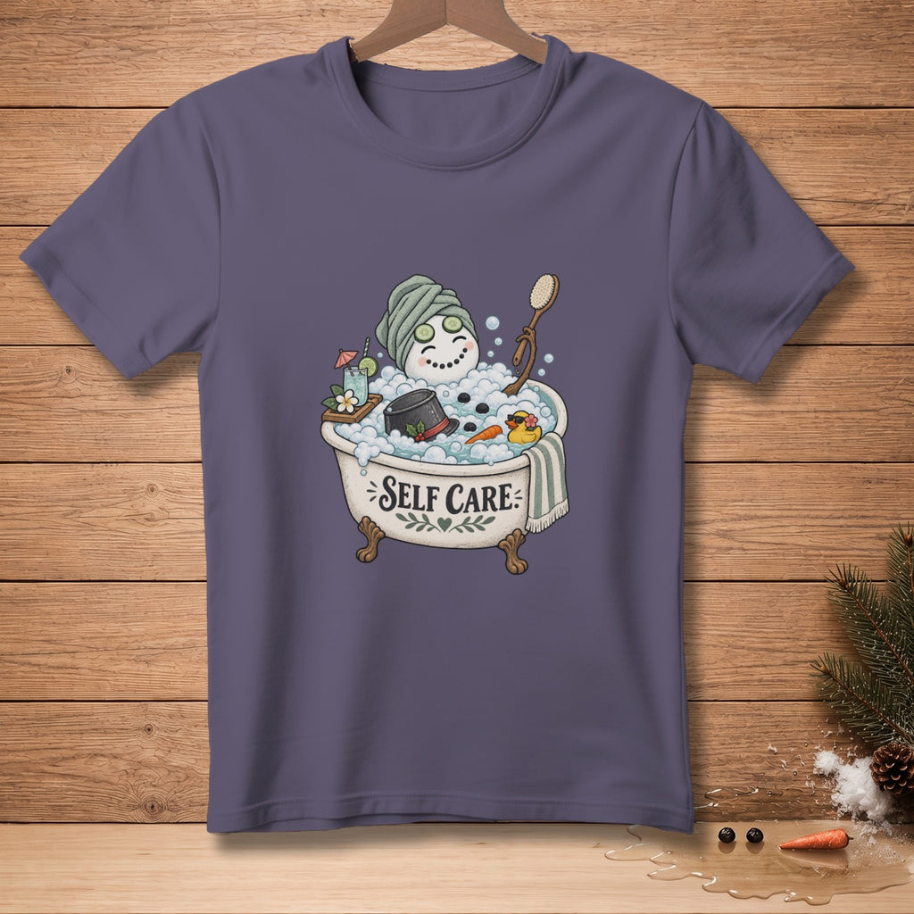 Snowman in bathtub with cucumbers on eyes, text "Self Care"