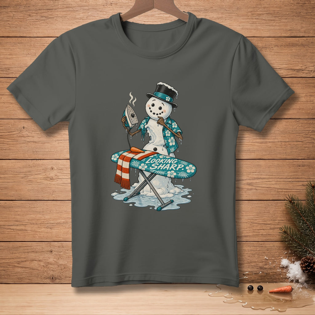 Snowman ironing with steam, text "LOOKING SHARP" on ironing board.