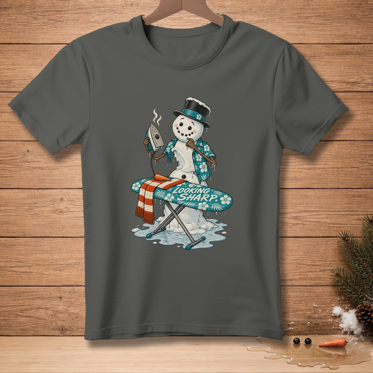 Snowman ironing with steam, text "LOOKING SHARP" on ironing board.