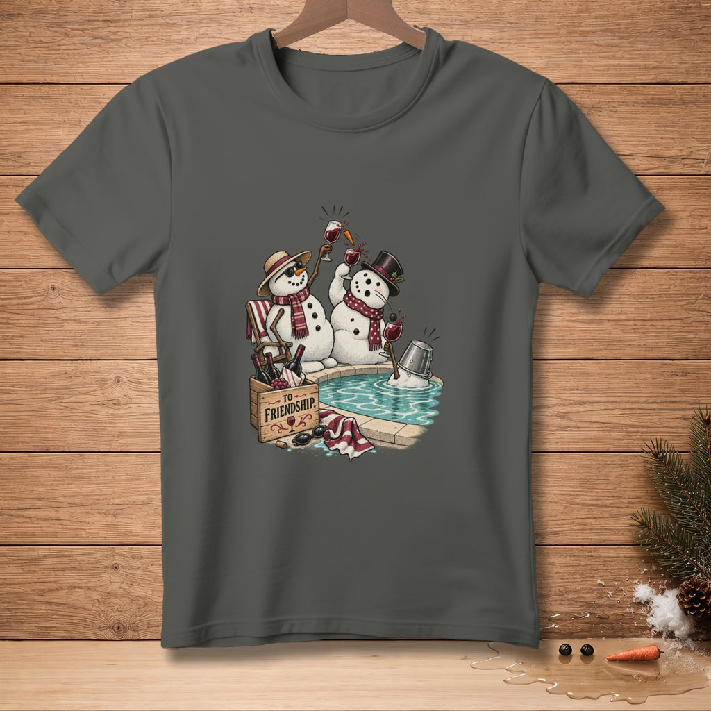 Two snowmen in a hot tub toasting with wine, with a wooden crate labeled "TO FRIENDSHIP".