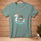 Unicorn pool float with snowman wearing bucket hat and sunglasses, "MAJESTIC" text.
