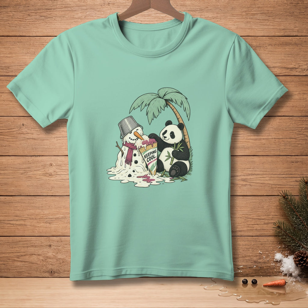 Panda shares melting ice cream with a melting snowman under a palm tree with text "Keeping Cool."