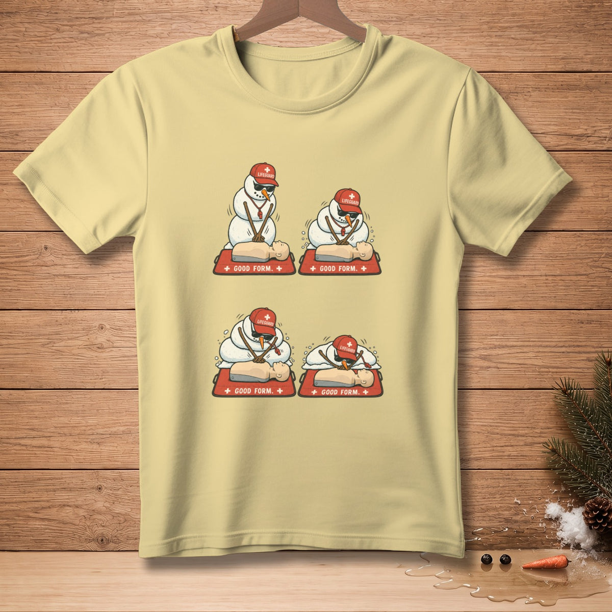 Snowmen lifeguards practice CPR on mannequins with text "Good Form".