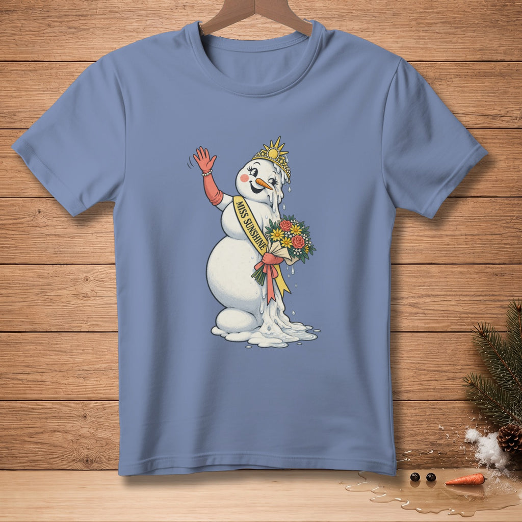 Snowman with crown and sash that says "Miss Sunshine" melting.