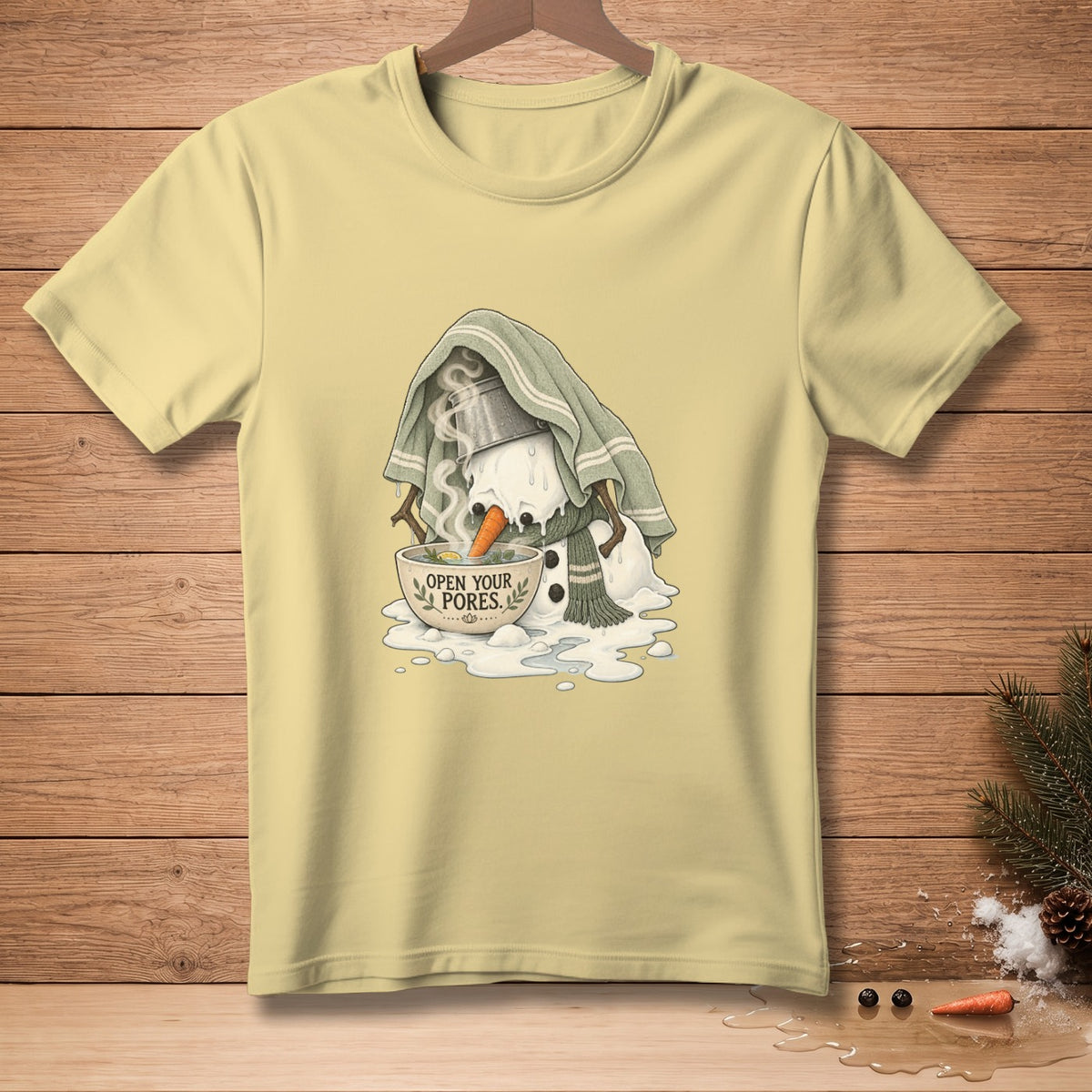 Melting snowman with steam, carrots, and text "Open Your Pores."