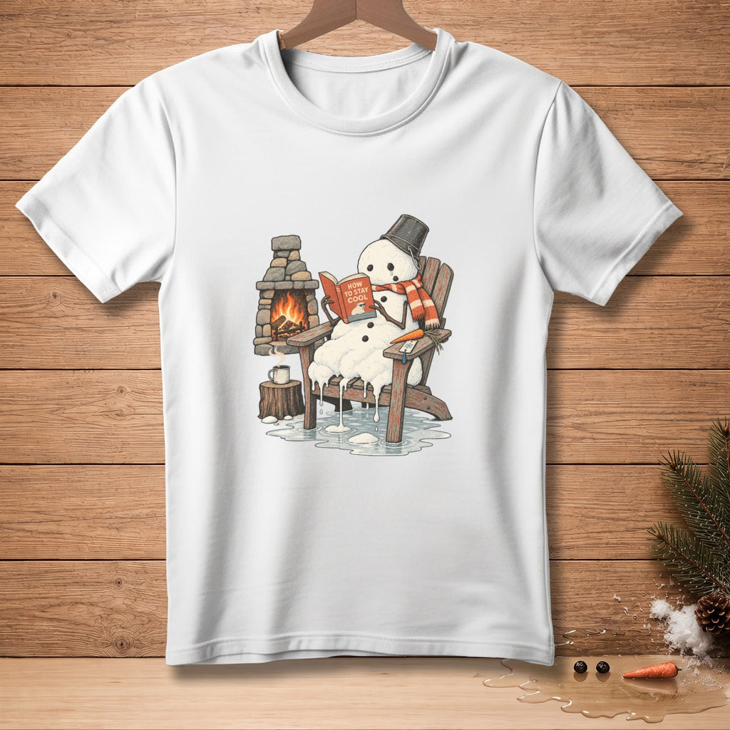 Melting snowman reading "How to Stay Cool" by a fireplace in an armchair.