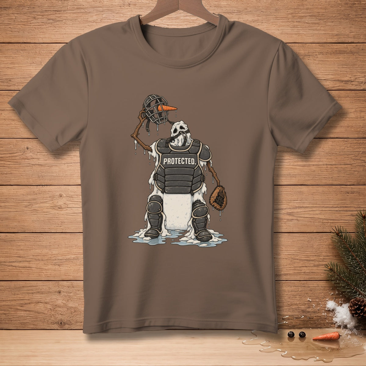 Melting snowman baseball catcher wearing gear with "PROTECTED." text.