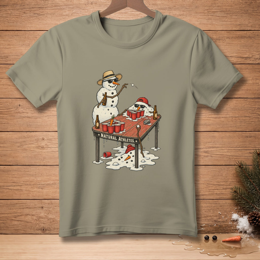 T-shirt graphic of snowmen playing beer pong with melted snowmen and red cups.