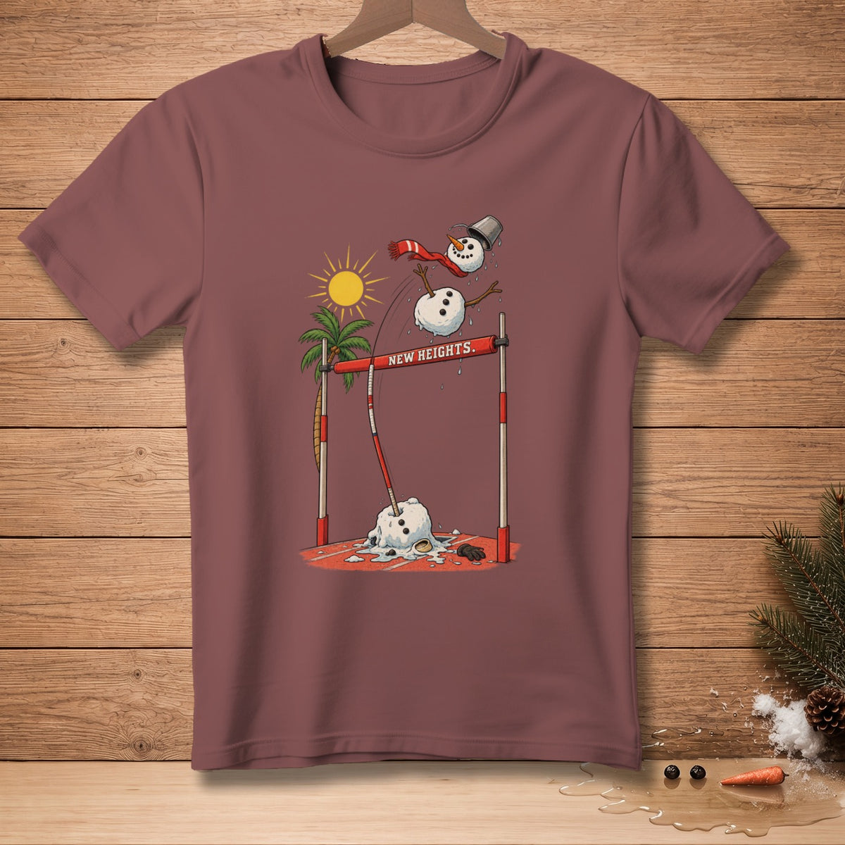 Melting snowman jumping over bar labeled "New Heights".