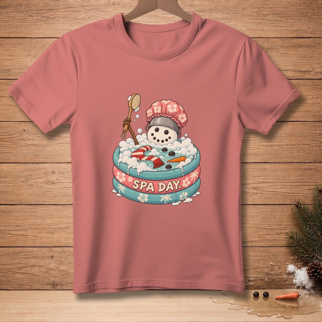 Snowman in a bubble bath with a shower brush, wearing a shower cap. "Spa Day."