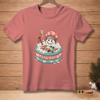 Snowman in a bubble bath with a shower brush, wearing a shower cap. "Spa Day."