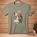 T-shirt graphic: Melting snowman says "HELLO" to parrot on a post saying "GOOD TALK."
