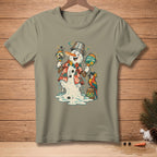 Melting snowman in Hawaiian shirt plays maracas with parrot and text "FEEL THE RHYTHM".