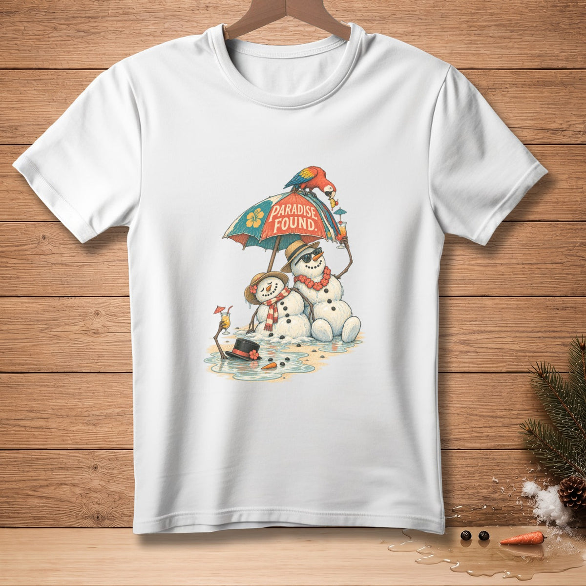 Two snowmen on a beach under an umbrella with text "PARADISE FOUND."