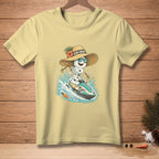 Snowman wearing a straw hat and sunglasses rides a jet ski with "Sun Smart" text.