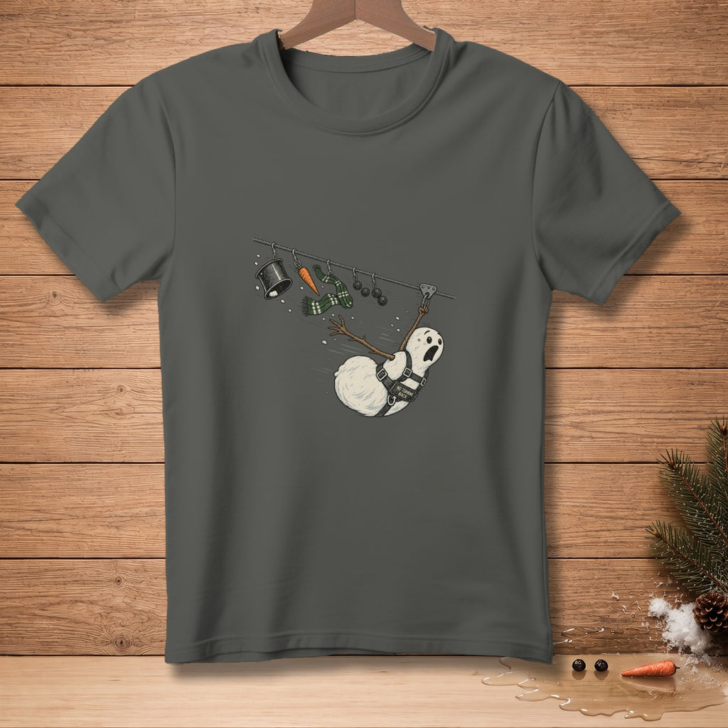 Snowman on a zipline with a carrot, scarf, and hat, wearing a harness with text.