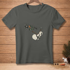 Snowman on a zipline with a carrot, scarf, and hat, wearing a harness with text.