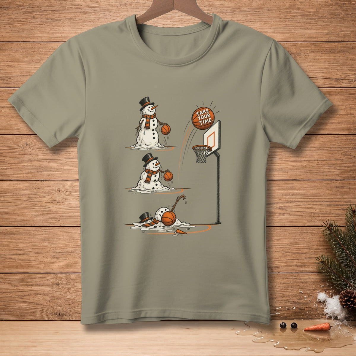 Snowmen playing basketball with melting bodies, text "TAKE YOUR TIME."